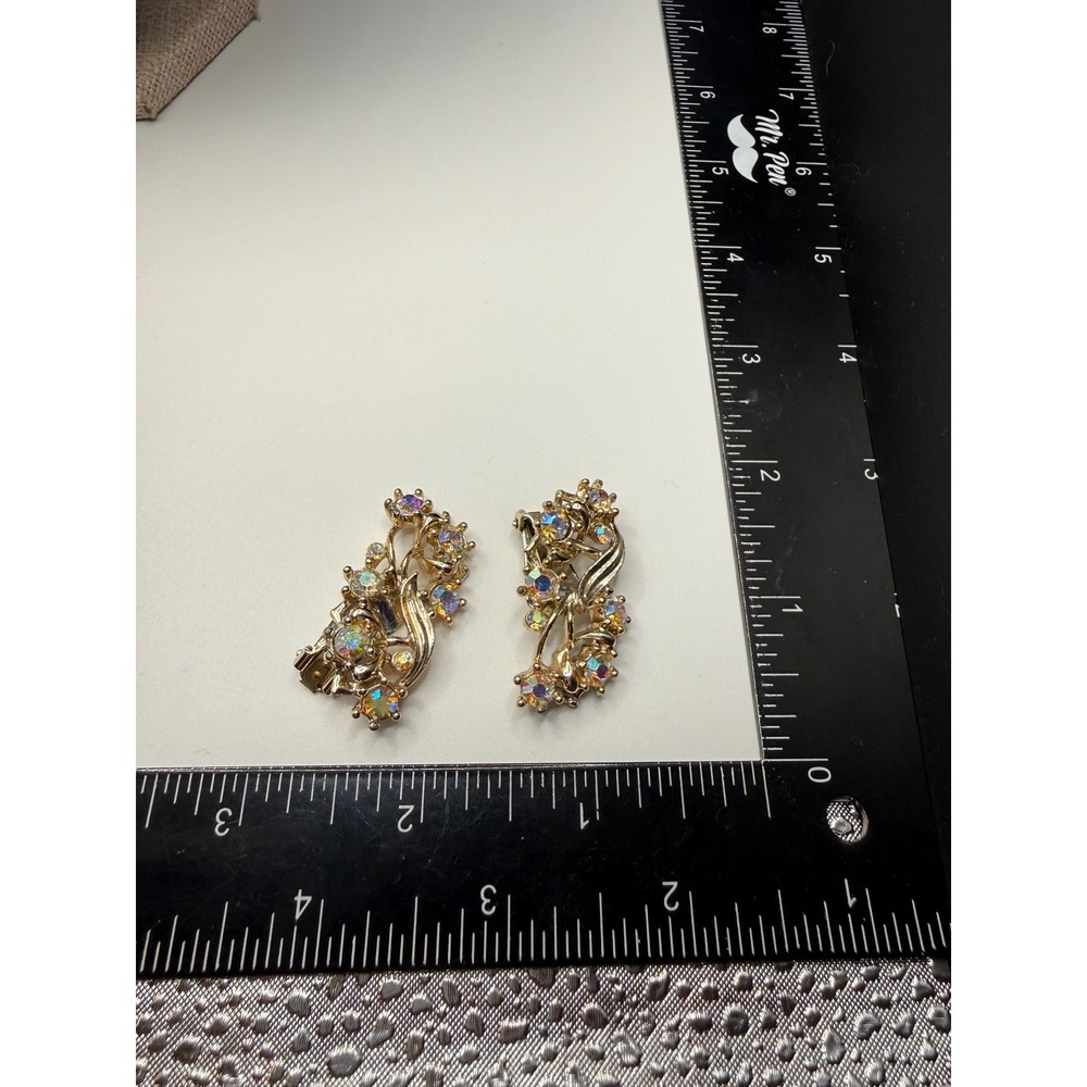 Vintage Gold Tone Aurora Borealis Rhinestone Floral‎ Spray Clip On Earrings